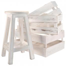 DIVERO sada vintage stolička a 3 ks přepravek, bílé dřevo