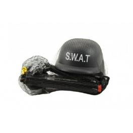 Sada SWAT helma+pistole na setrvačník s doplňky plast v síťce